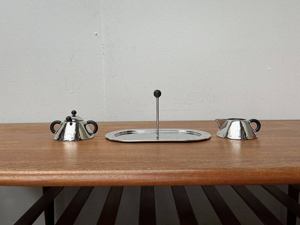 Postmodern Italian plateau for sugar and milk by Michael Graves for Alessi, 1980s, set of 3.