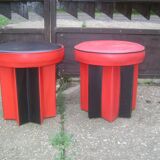 Set of mid-century black and red fabric stools, 1950s star base.