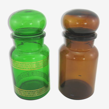 2 jars in brown and green glass - apothecary style pots - vintage 70s
