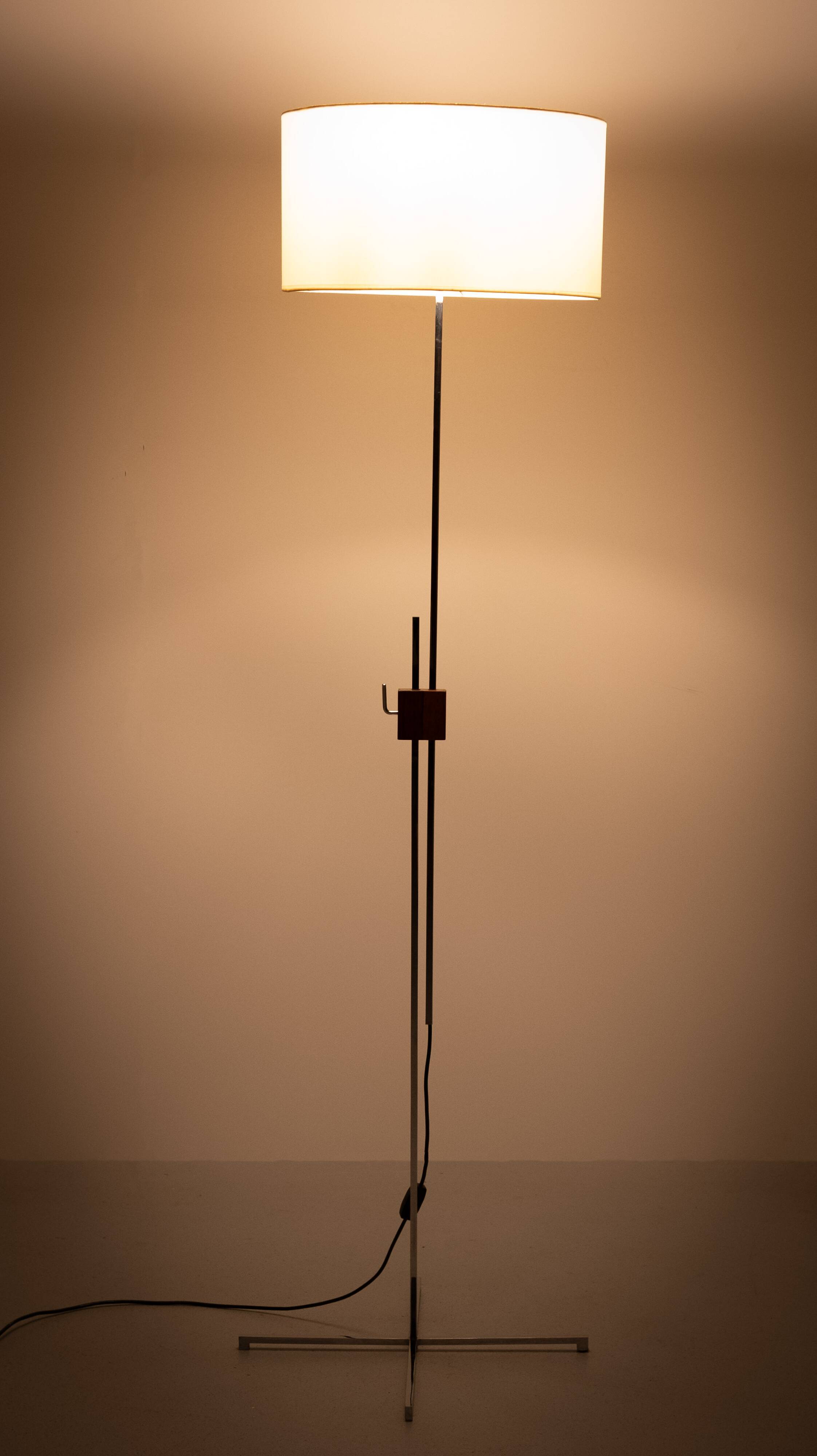 Mid Century Adjustable Chrome Walnut Floor Lamp by Hans Eichenberger 1950s