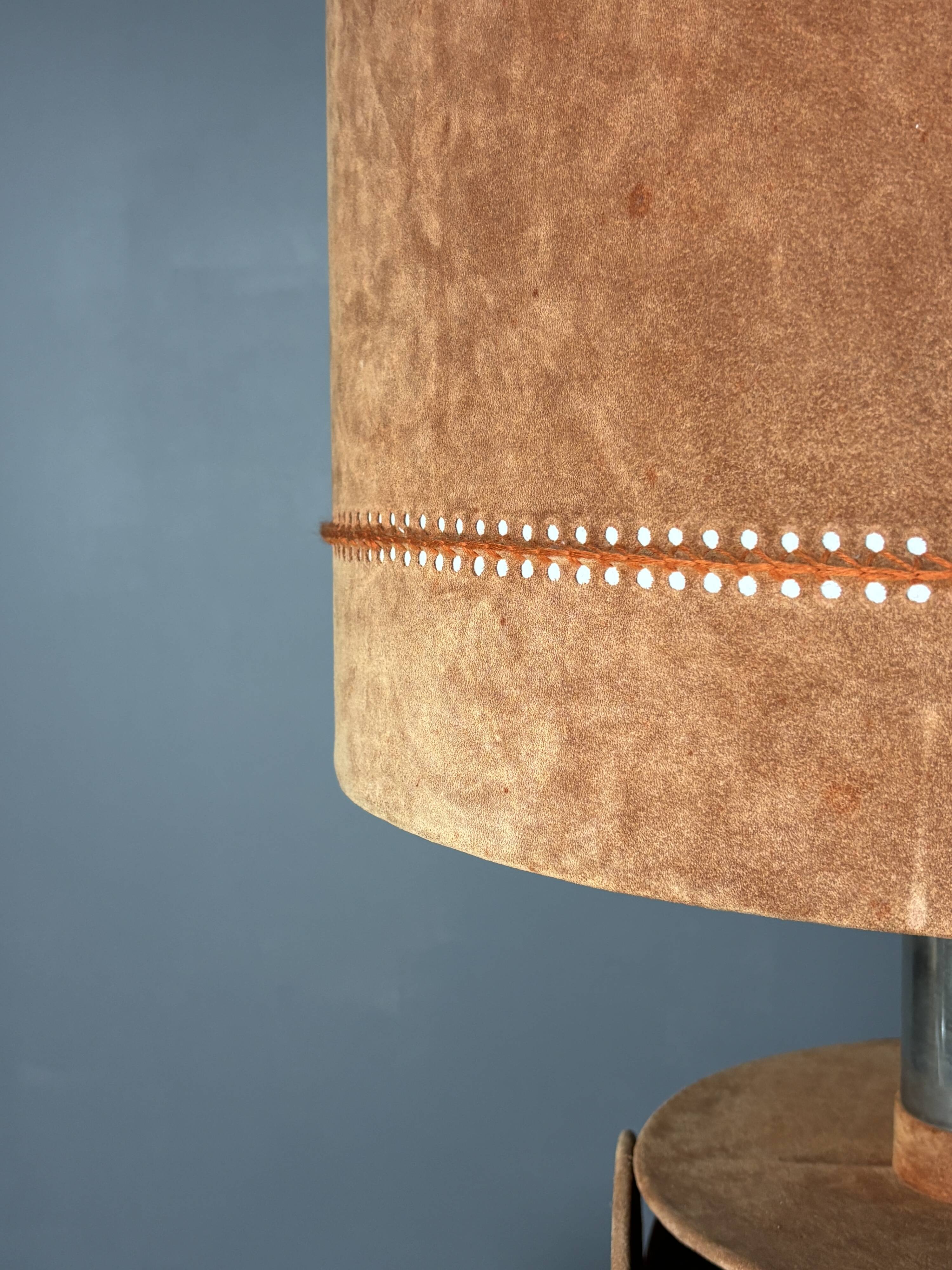 Midcentury XL ( 82 cm ) imposing terracotta suede table lamp. 1970s