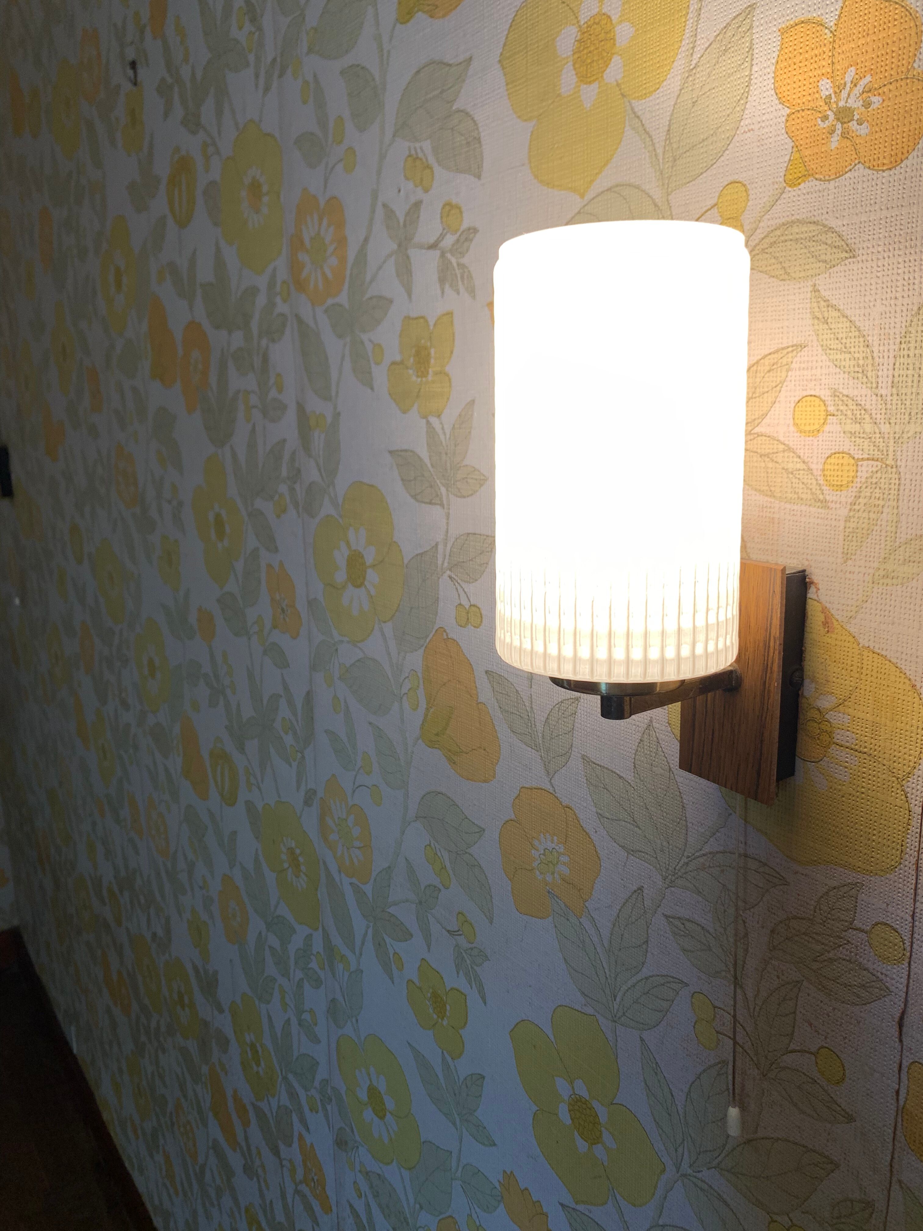 Pair of vintage sconces, opaline, brass and teak