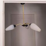 3 branch chandelier 1960 golden brass and opaline