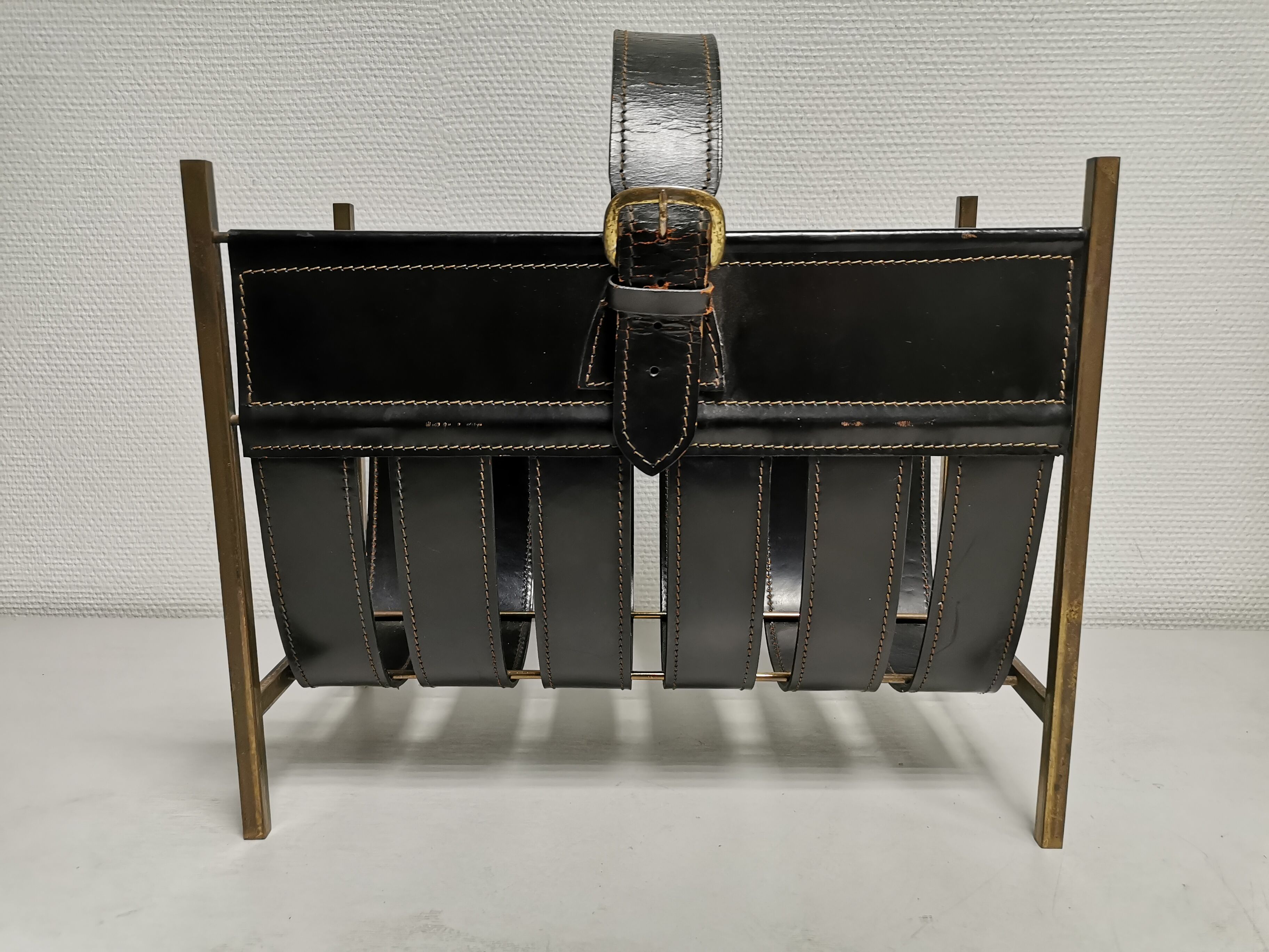 Vintage leather magazine rack, 50s