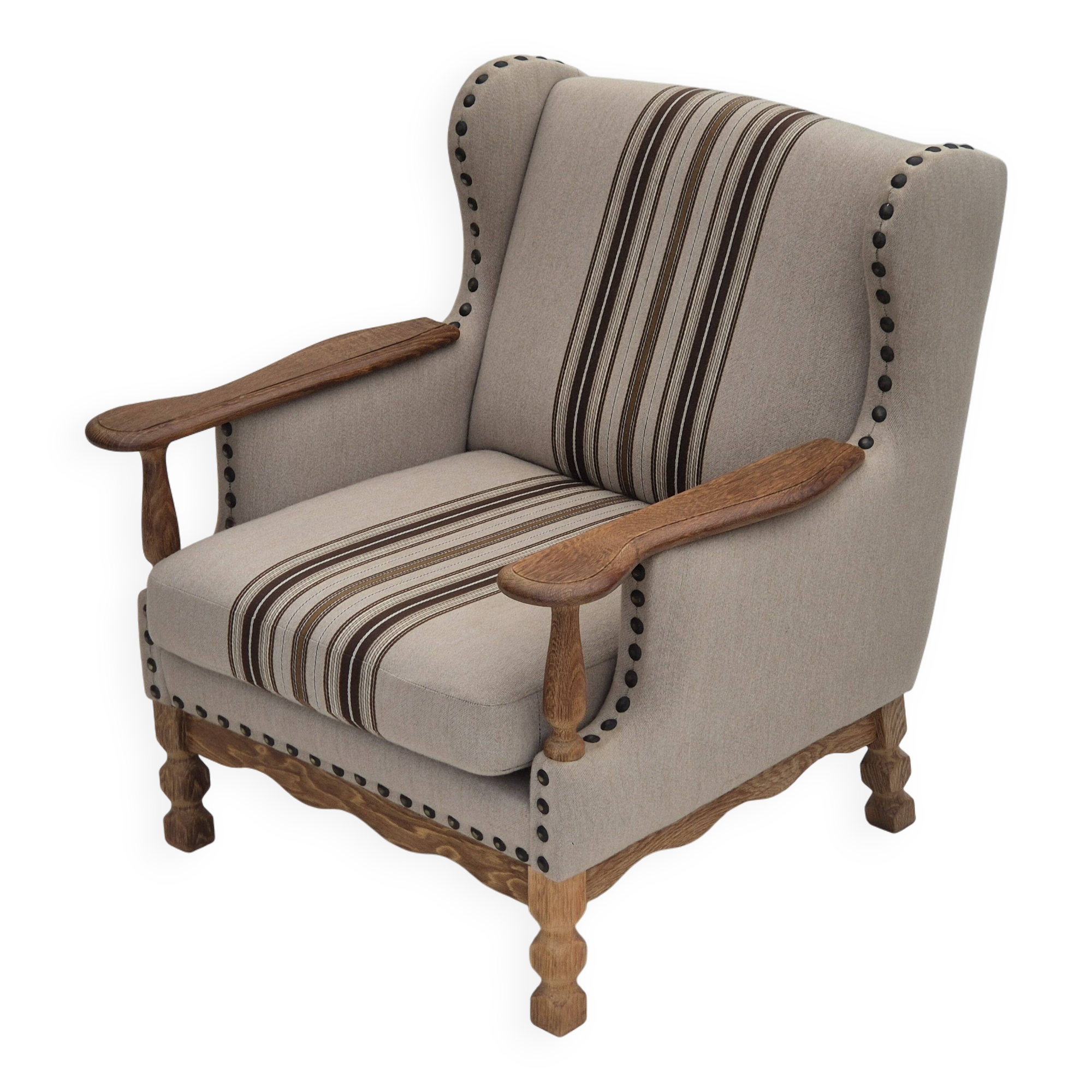 1970s, Danish armchair, furniture wool fabric, oak wood, original condition
