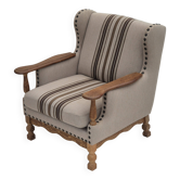 Fauteuil danois des années 1970, tissu en laine d'ameublement, bois de chêne, état d'origine
