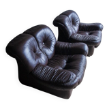 Set of 2 Mid-Century Dark Brown Leather Club Chairs — Tufted, Rounded Space Age Design