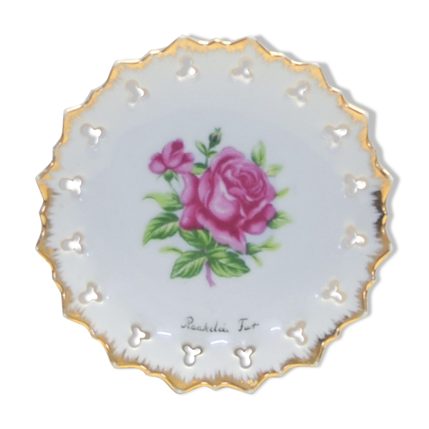 Assiette murale rose rose avec bordure dorée du Danemark