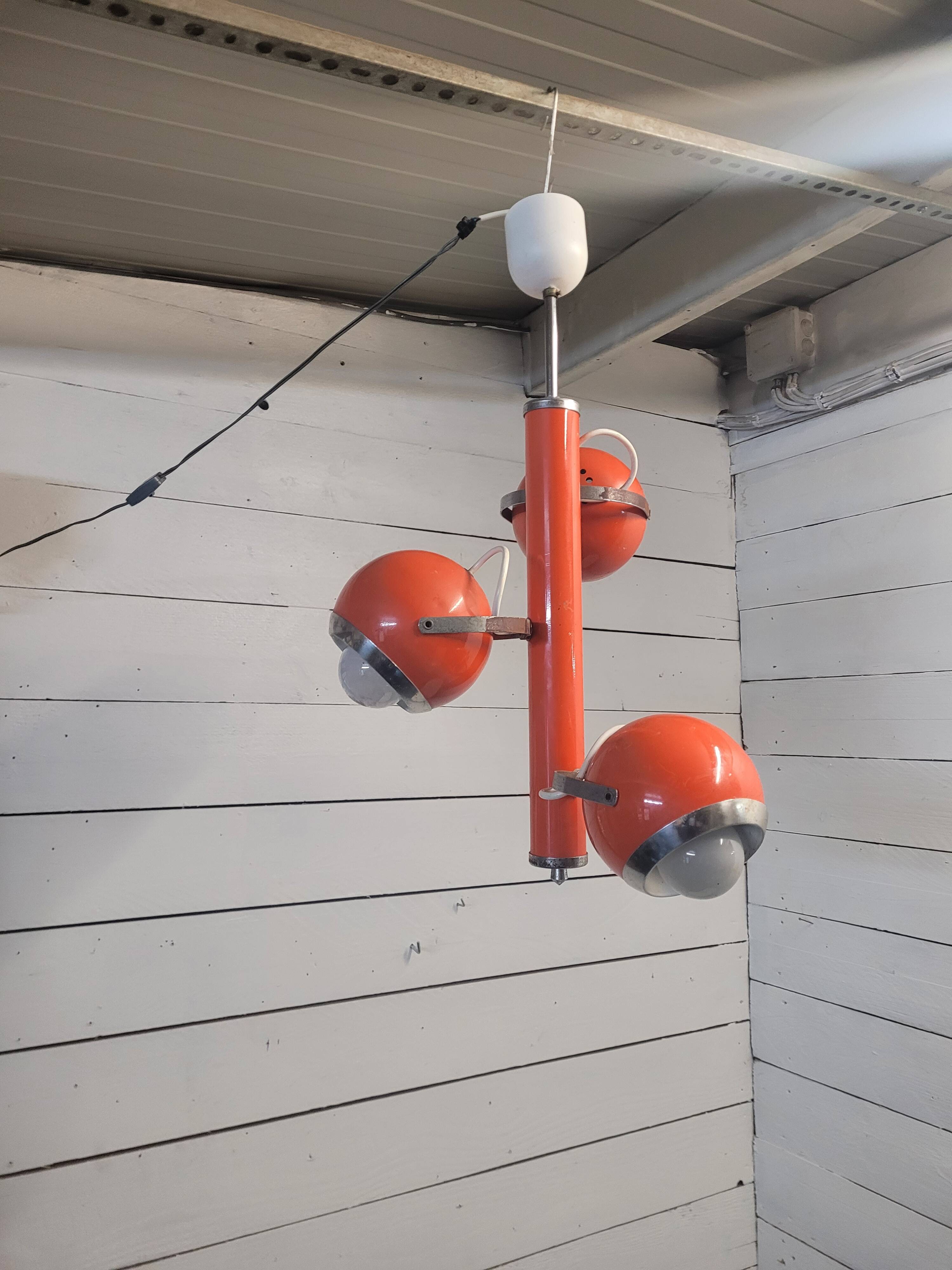 Lustre suspension vintage eyeball orange à 3 lumières des années 60