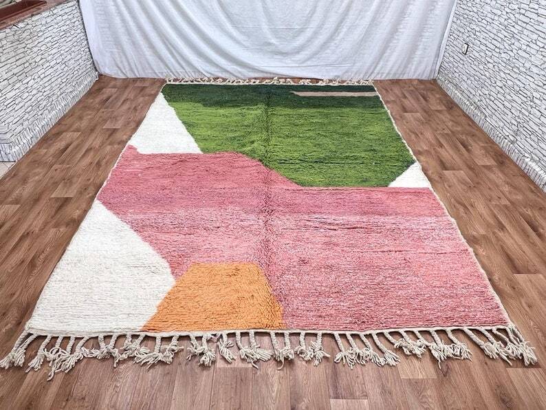 Handmade Berber wool rug, green and pink, 150/250cm