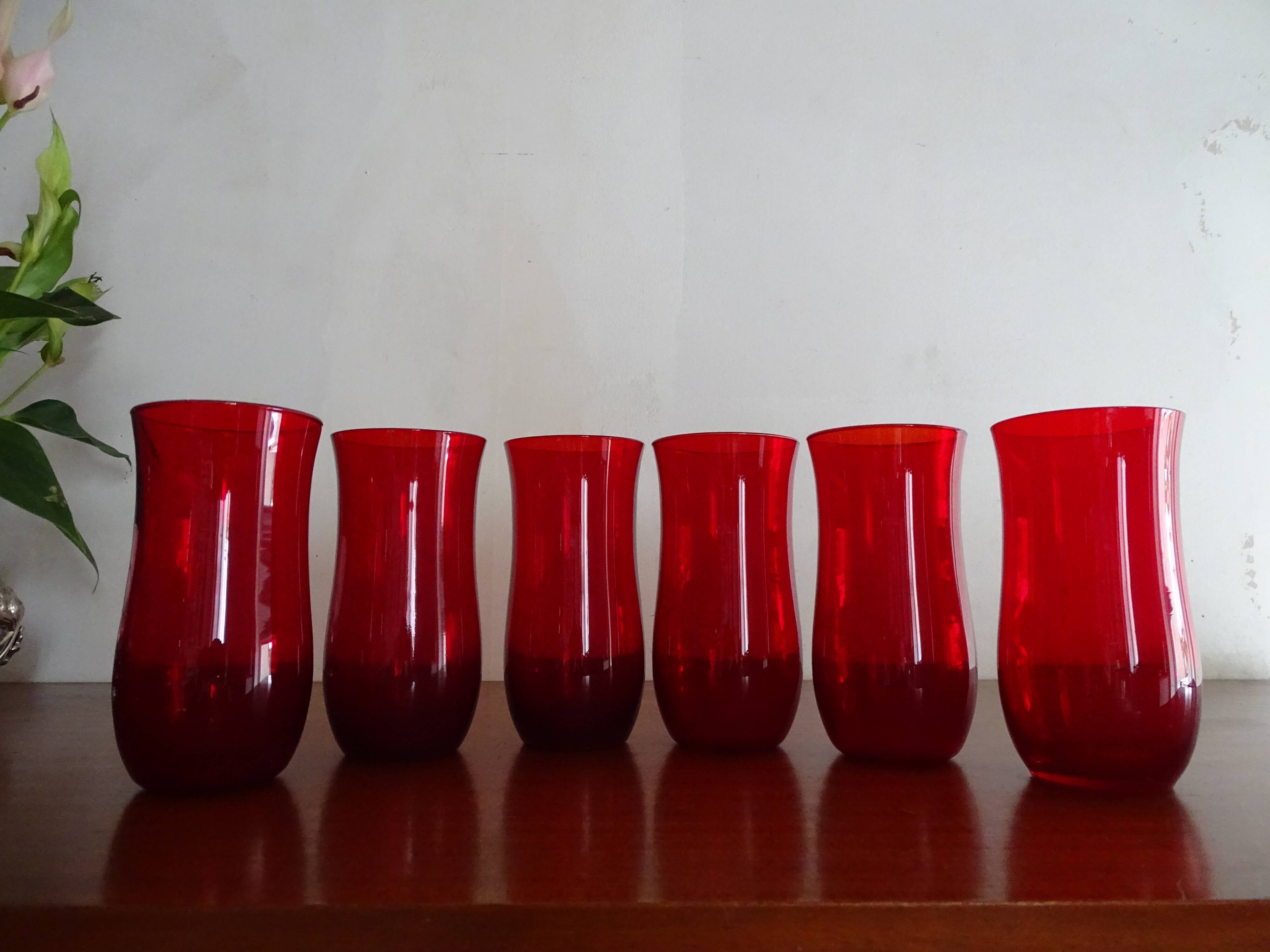6 water glasses blown glass vintage ruby red 1960
