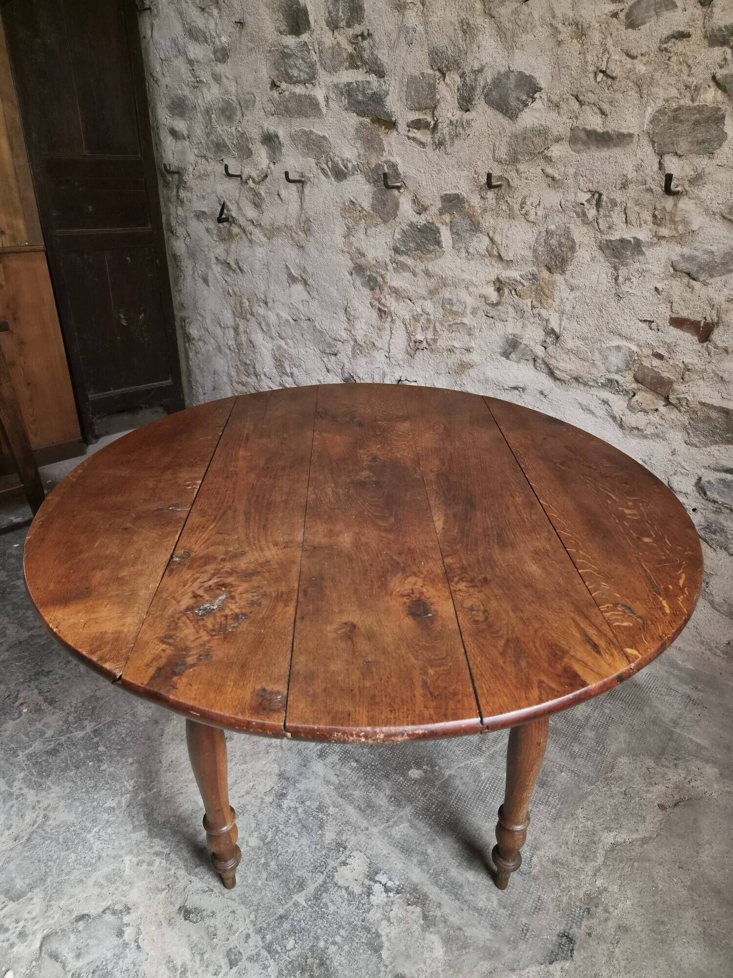 Table à abattants ancienne en chêne français, table à manger ronde, vers 1880–1920