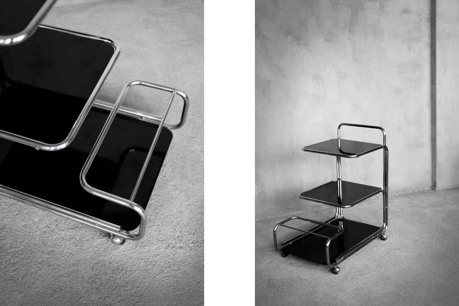 Vintage Mid-Century German Modern Bauhaus Chrome & Glass Serving Trolley