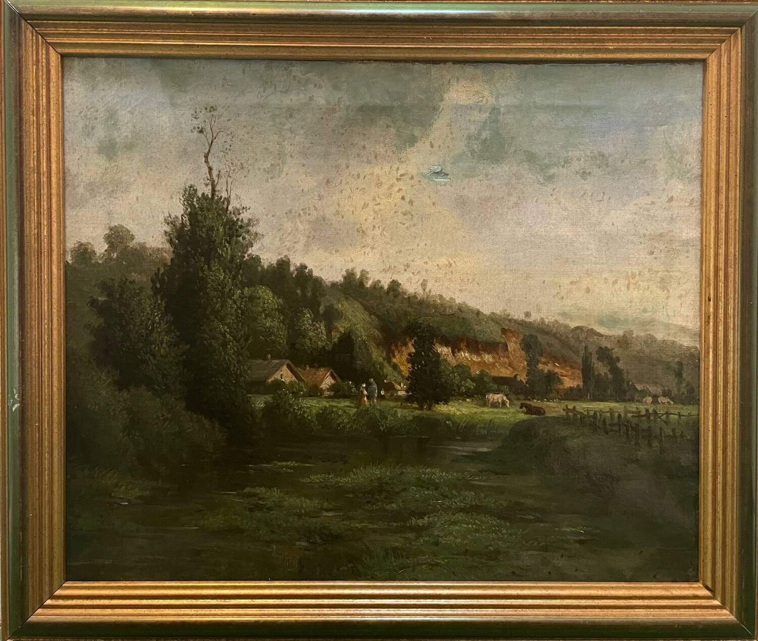 Tableau ancien paysage animé XIXe