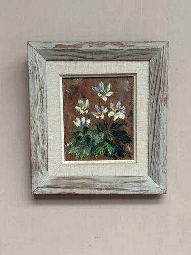 Mid-Century Oil on Panel “Flowers” by Unknown Artist, Vintage & Framed 20 × 23cm