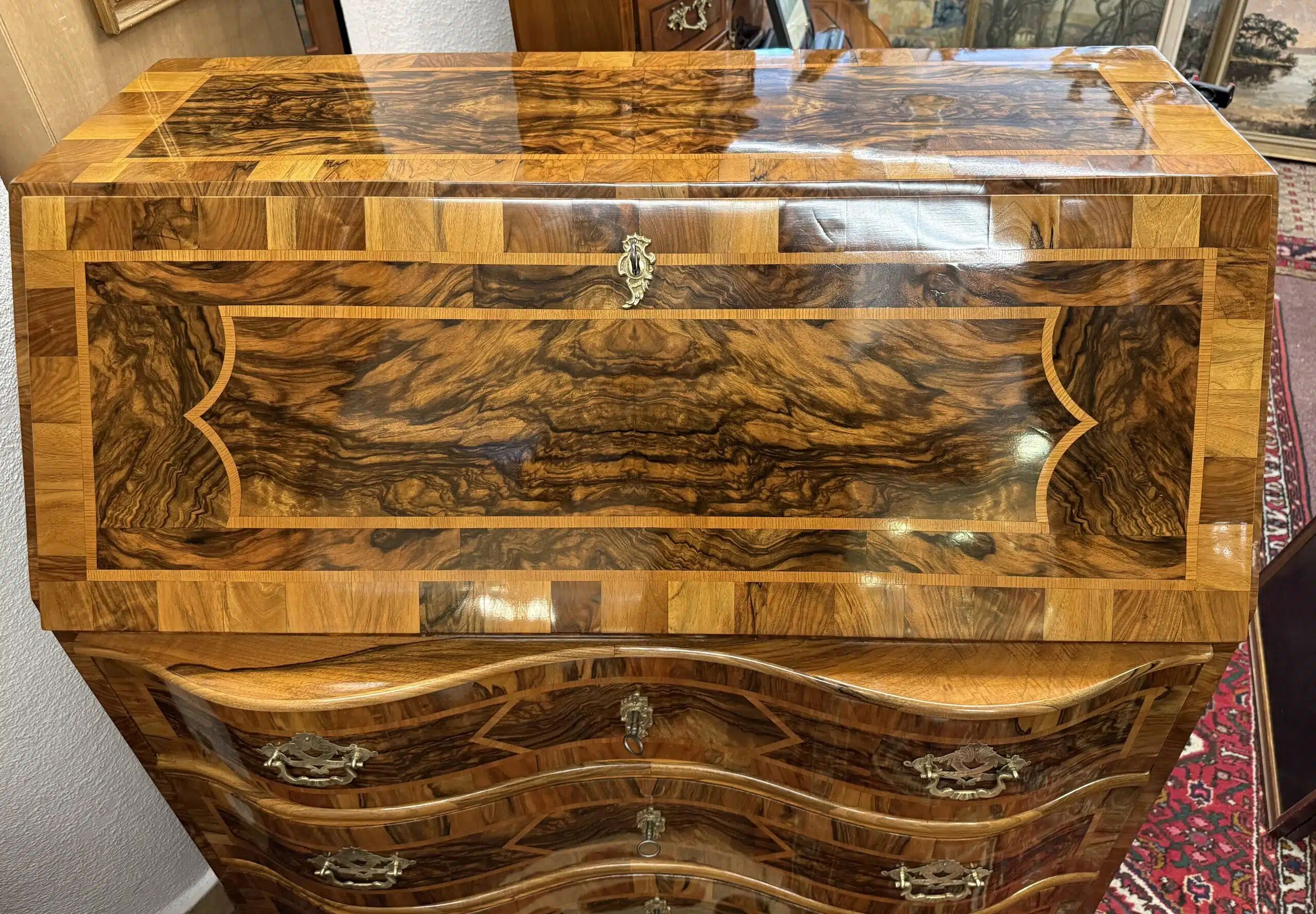 Baroque Bureau Secretary Desk, Fruitwood Marquetry, Germany, c. 1760