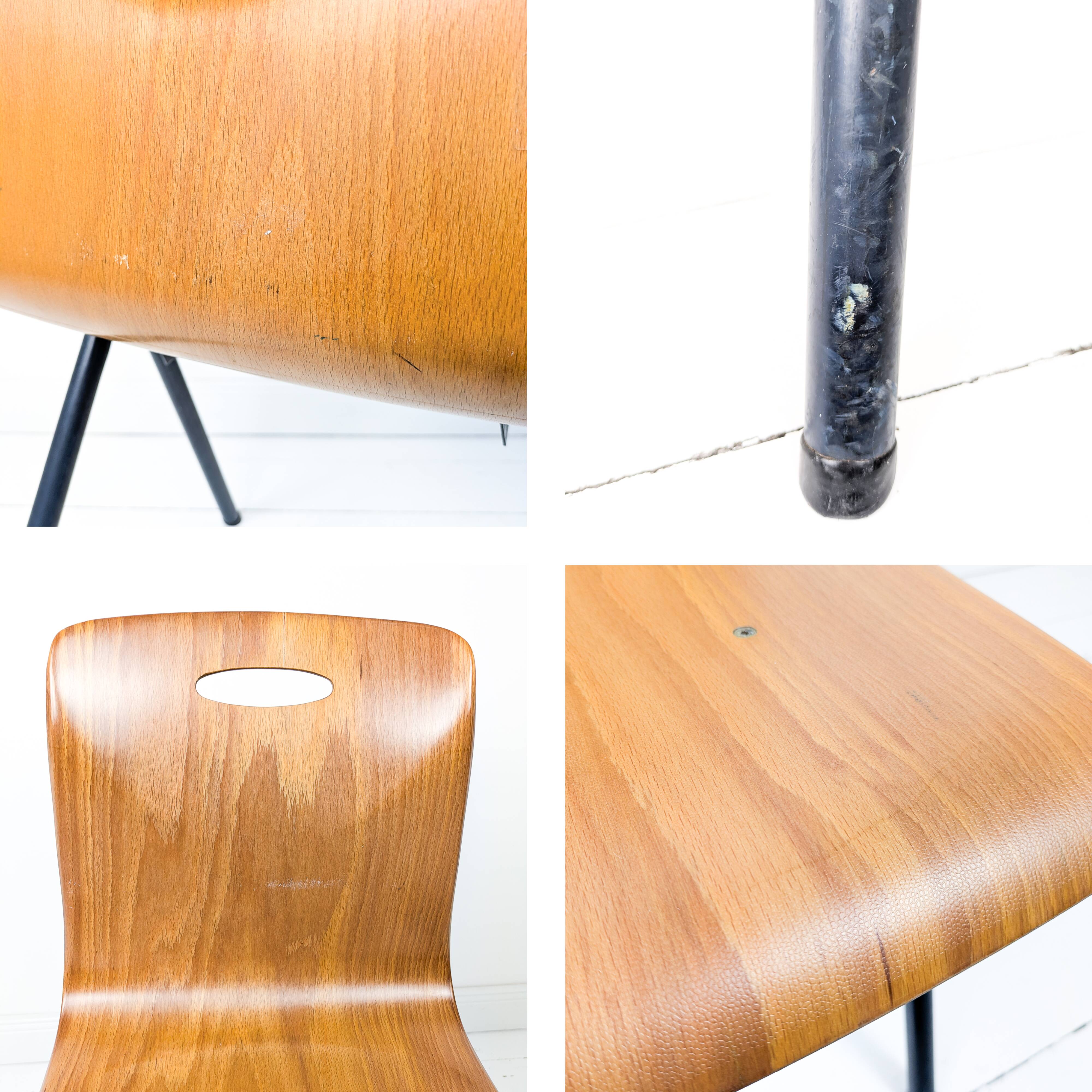Lot de 4 chaises empilables vintage métal bois, style industriel Mid-Century