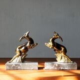 Serre-livres art déco antilope sur bases en marbre, france, années 1930, ensemble de 2