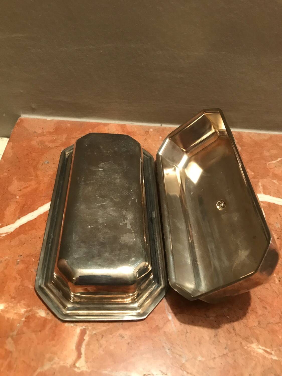 Old silver metal butter dish, duck