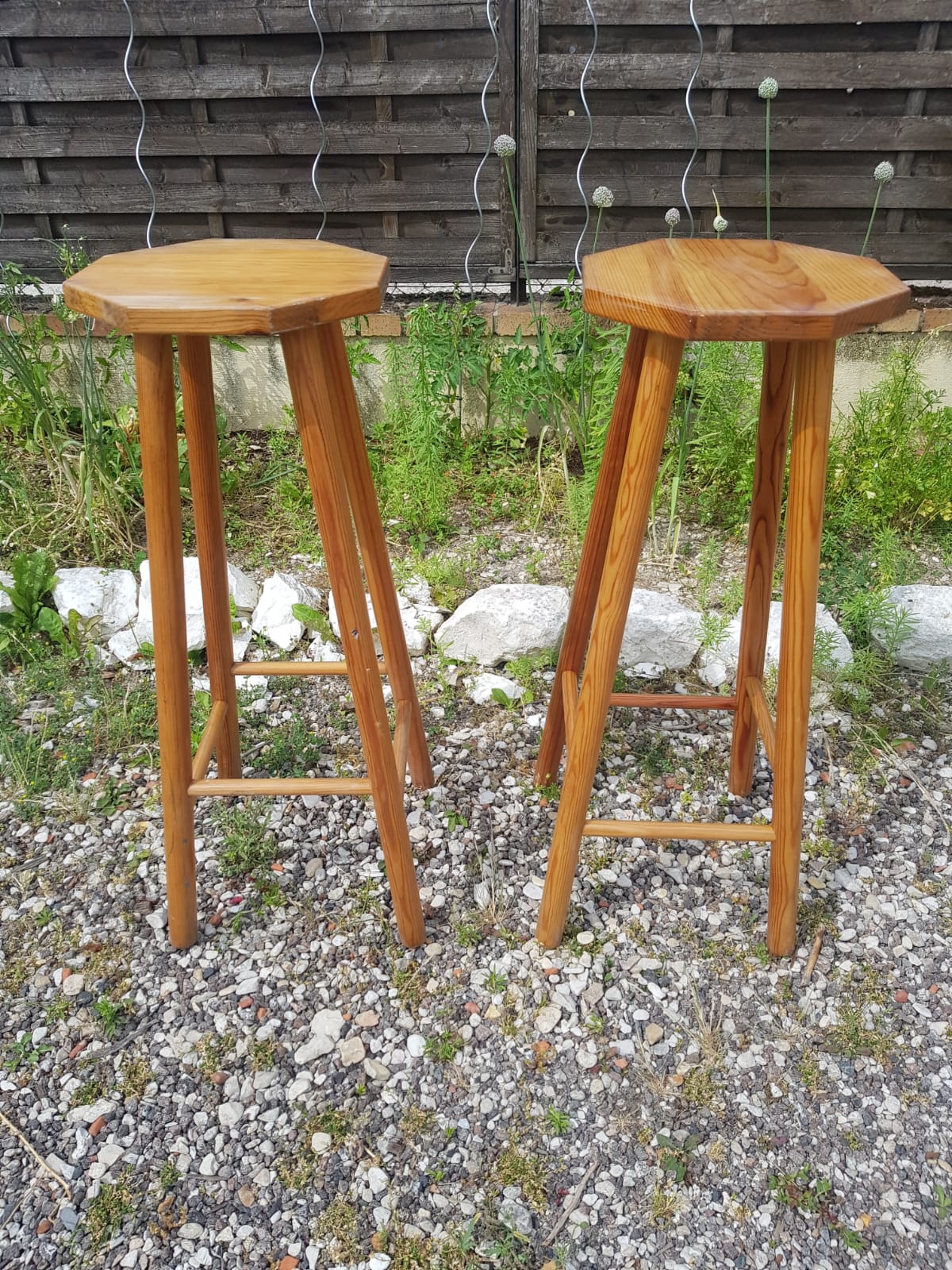 Pair wooden top stool seated bar hexagonal vintage