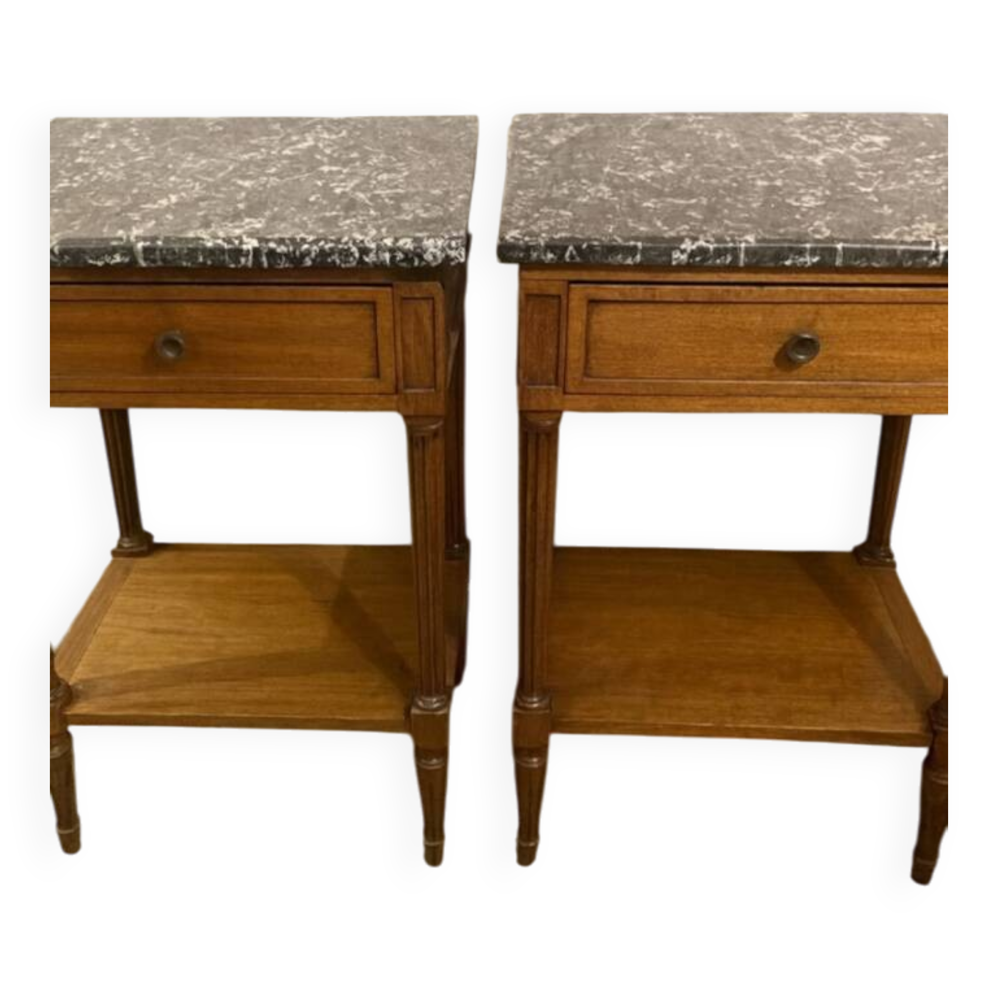 Louis XVI style bedside tables in solid walnut and grey marble