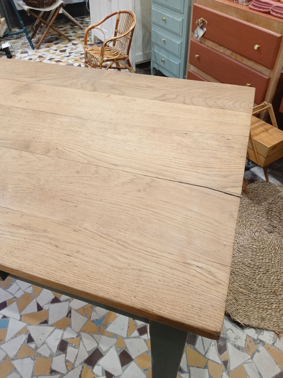 Wooden and khaki farmhouse table