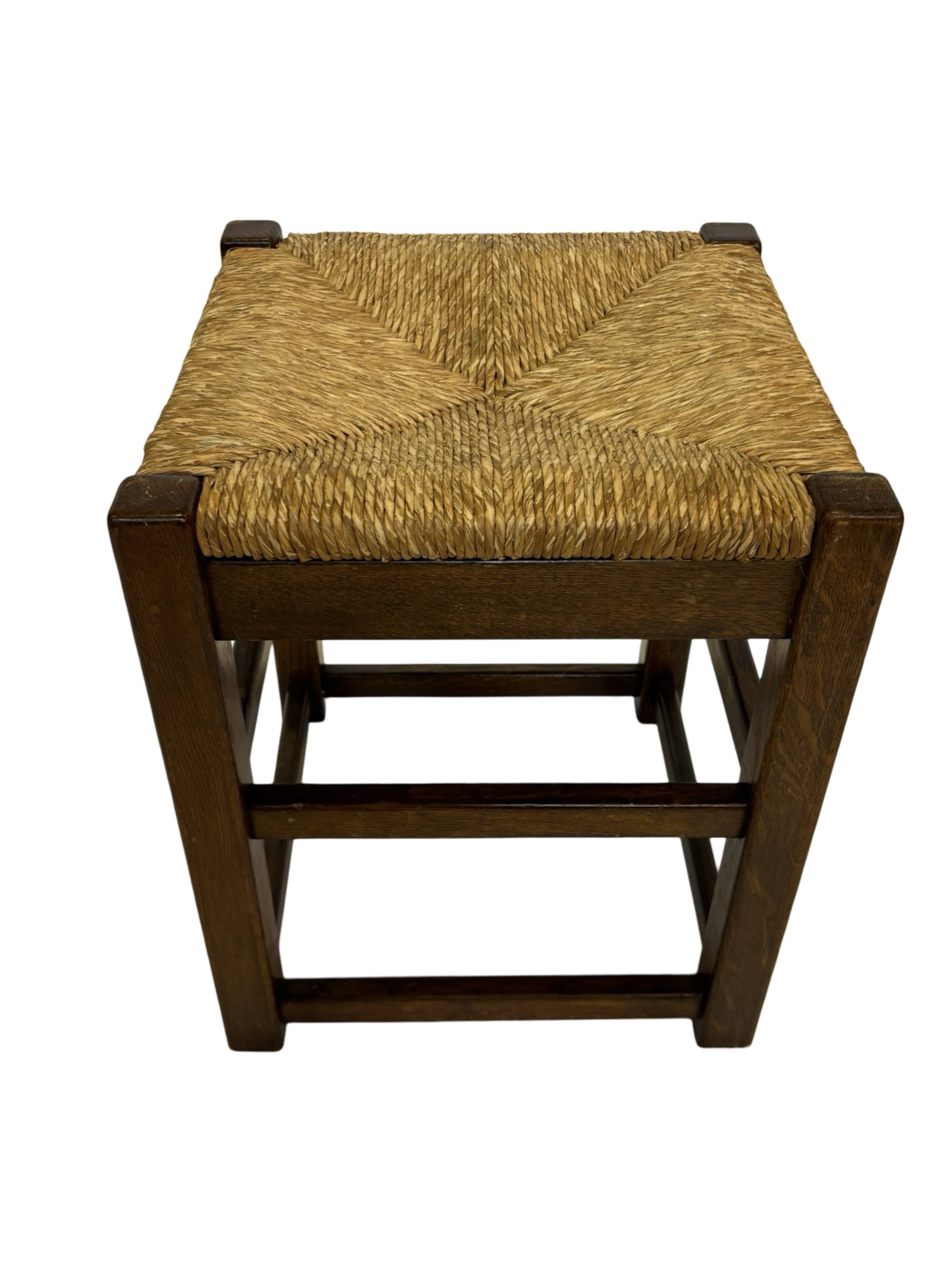Vintage wooden stool straw seat 60s minimalist design