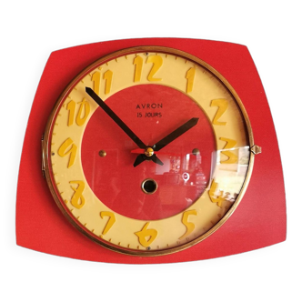 Vintage formica clock silent wall pendulum "Avron red yellow"