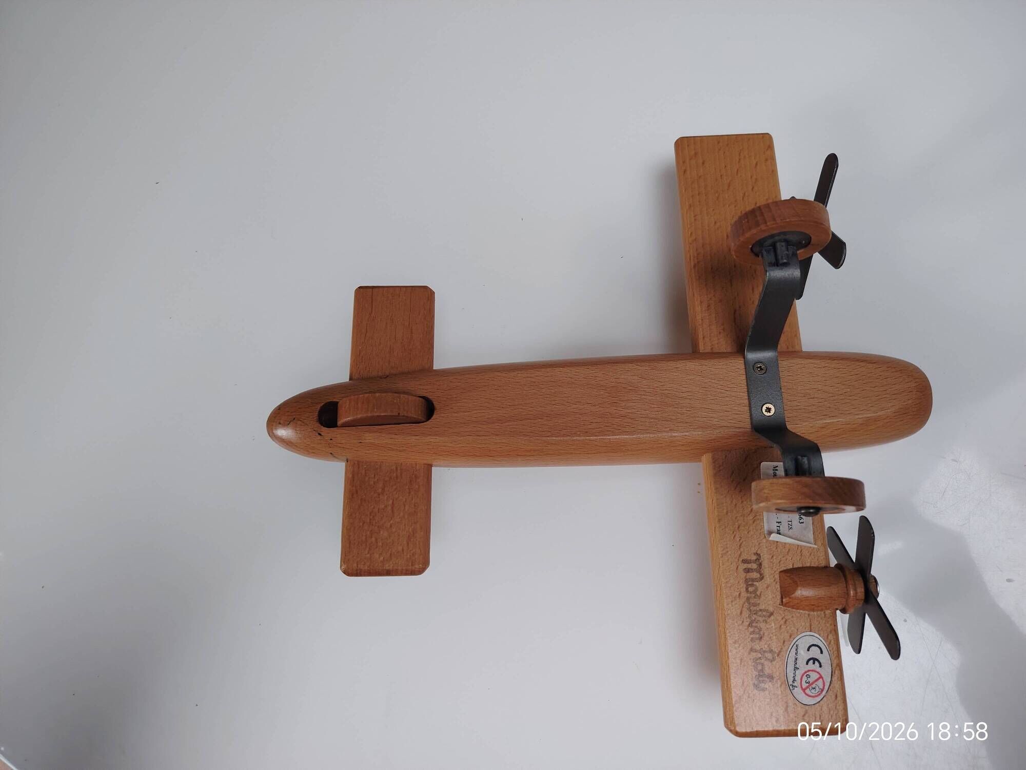 Vintage twin-engine aircraft in solid beech - Moulin Roty (1990s)
