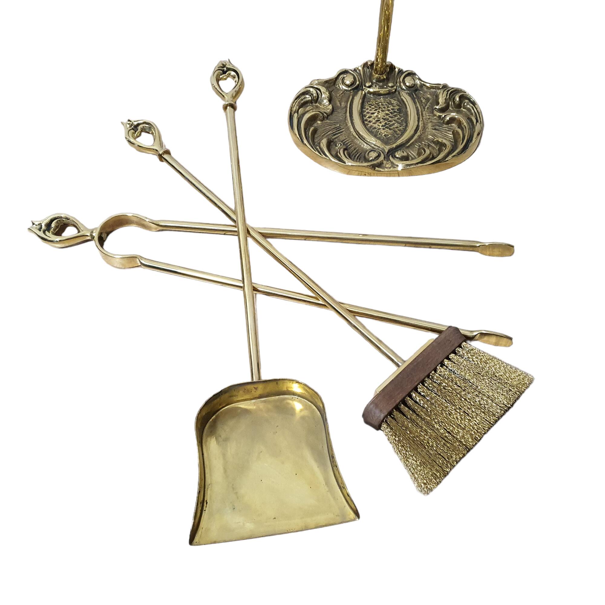 Superb solid bronze fireplace servant 3 accessories pliers, shovel, broom