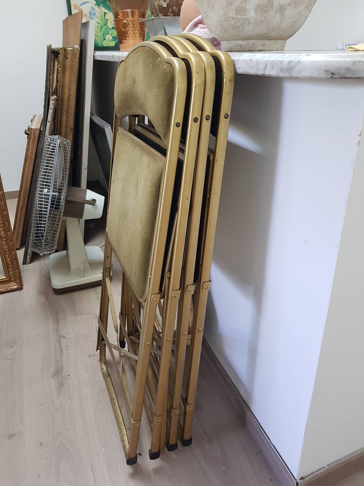 Set of 4 opera theater folding chairs from the 70s two-tone velvet brass