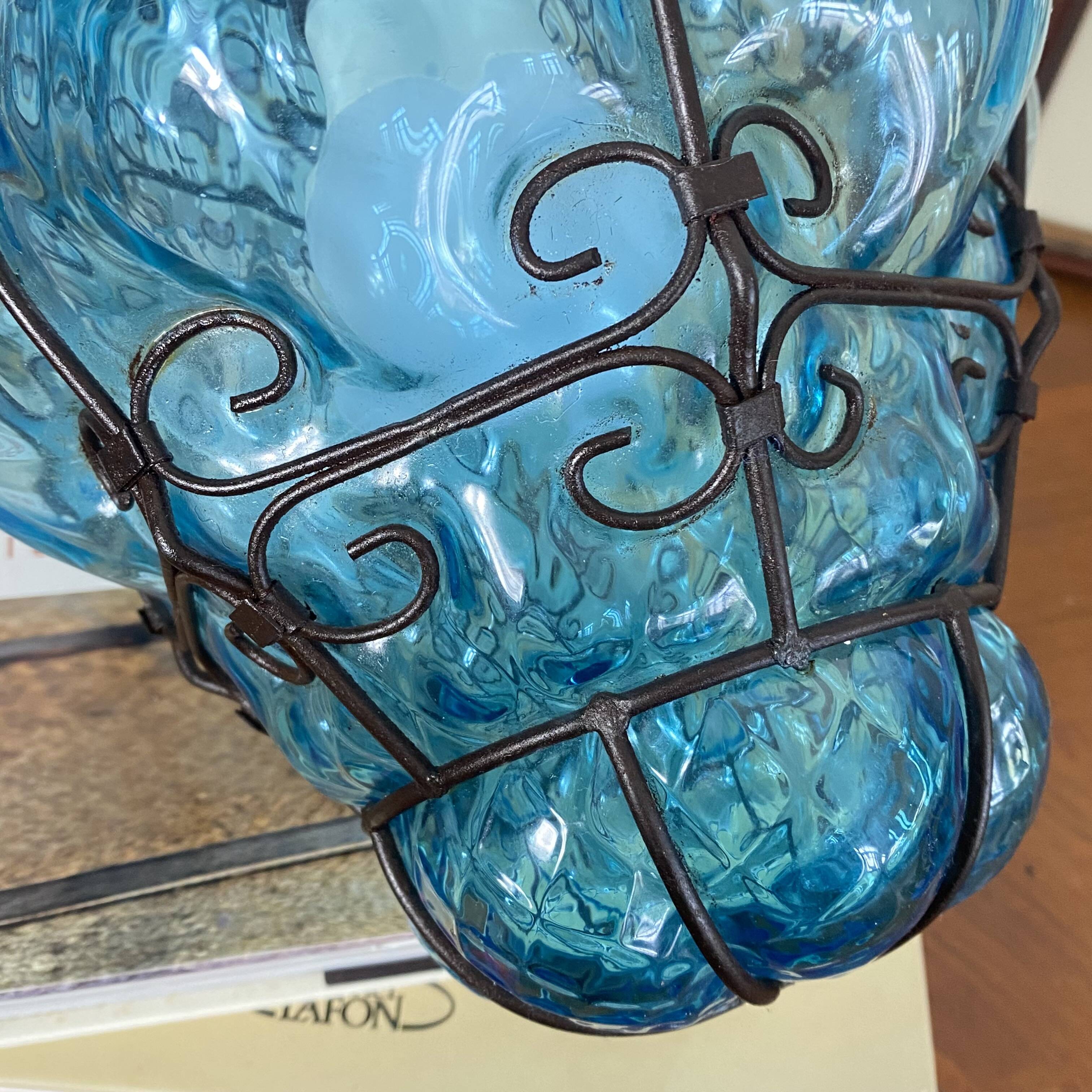 Old suspension glass cage blown Venetian lantern blue