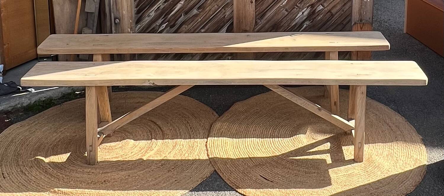 Pair of antique farmhouse benches in raw solid wood - length 2m