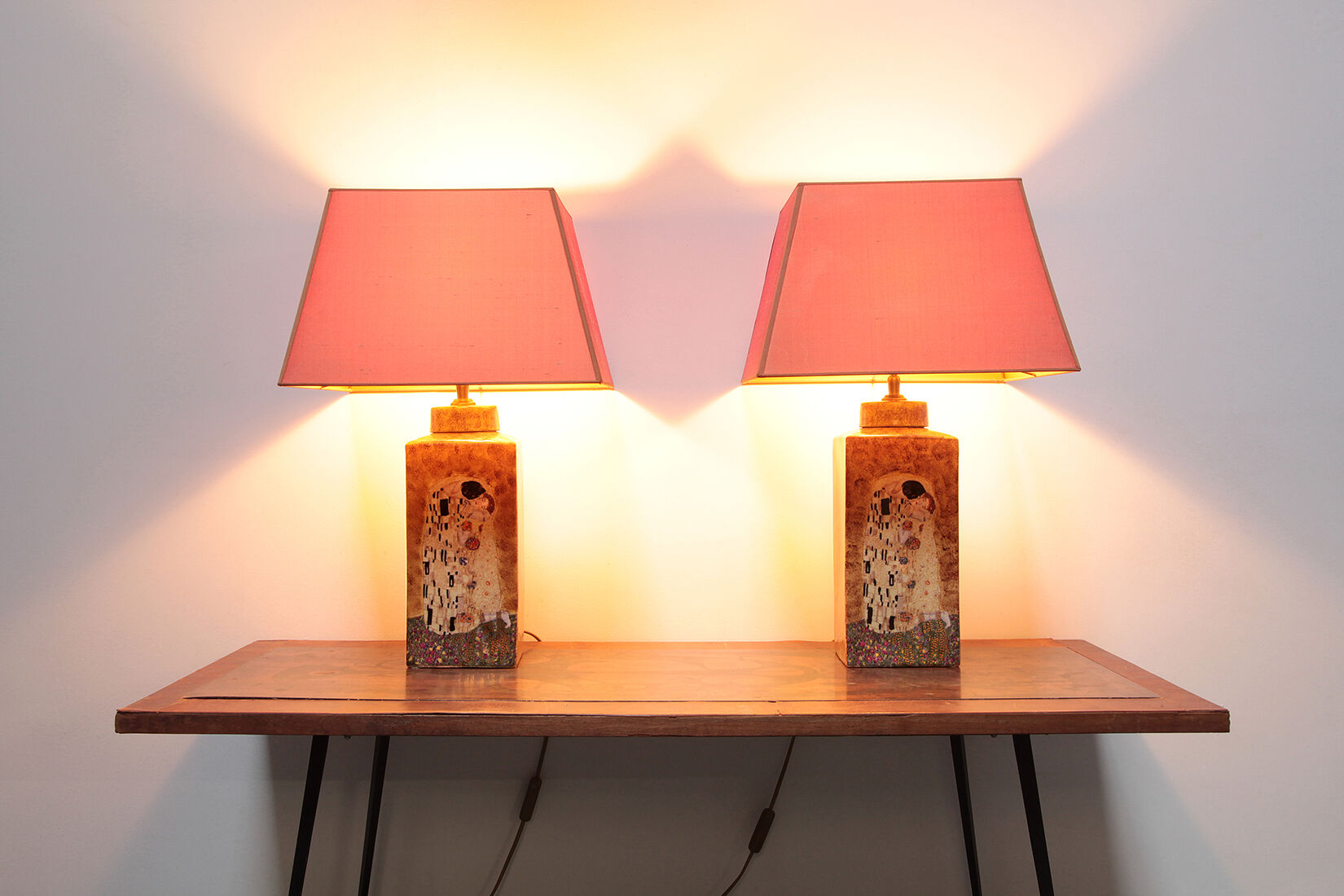 Set of two handmade ceramic gustav klimt table lamps, 80s