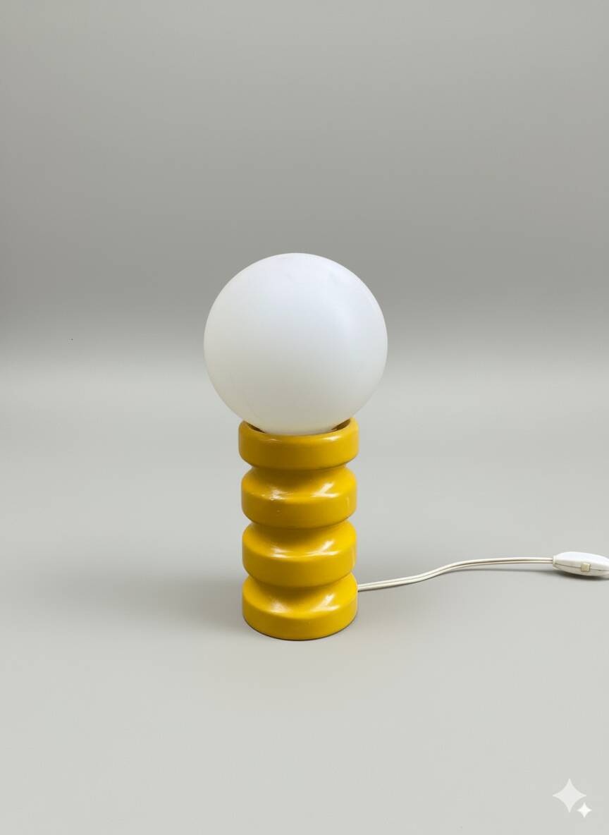 Vintage yellow glazed ceramic lamp with opaline globe – 1970s