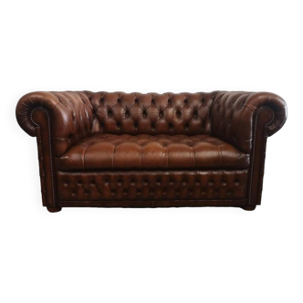 2 seater padded brown leather Chesterfield sofa