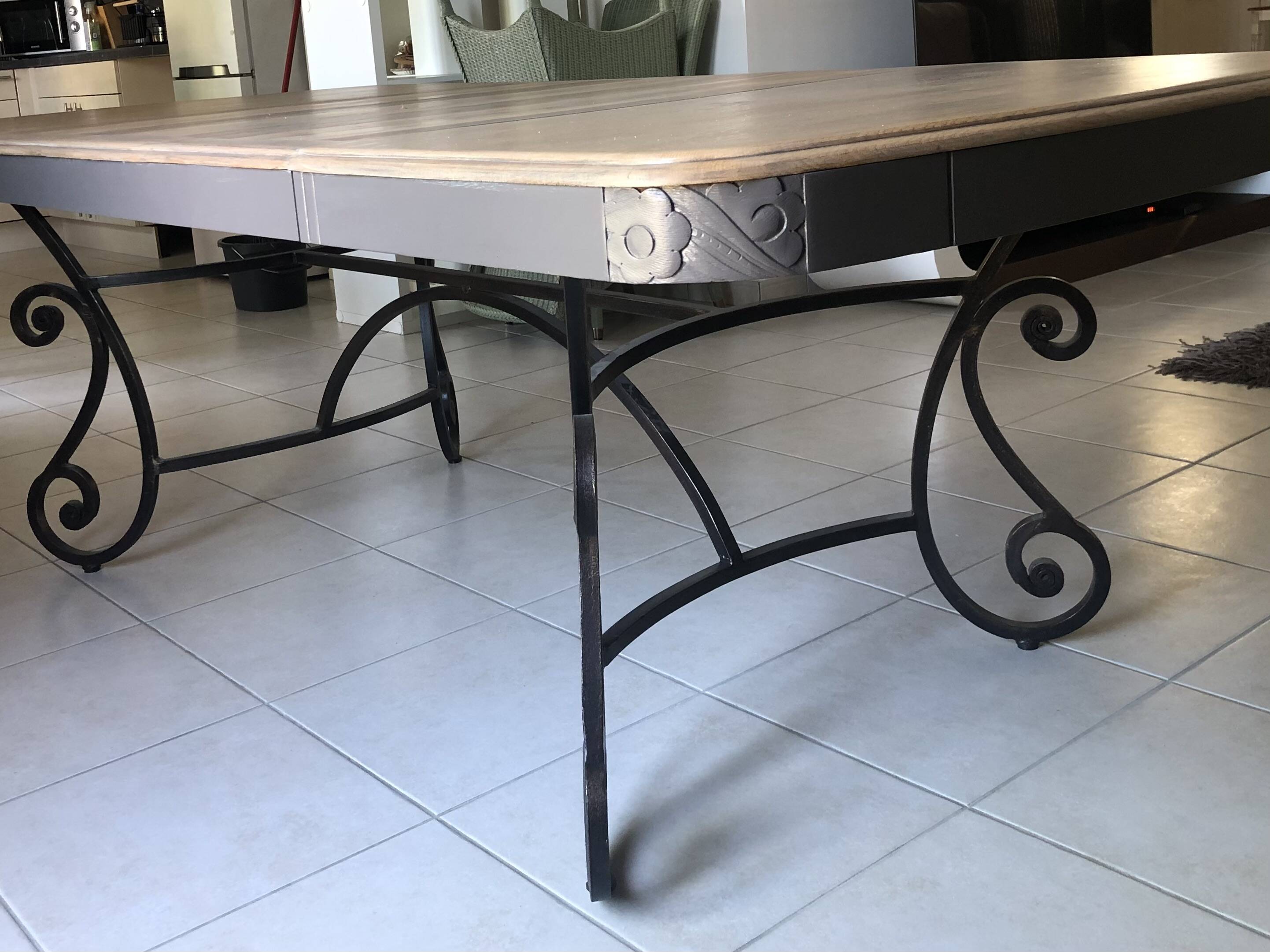 Large wooden and wrought iron dining table, 220 cm