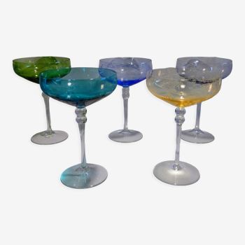 5 colored champagne glasses