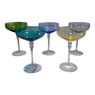 5 colored champagne glasses