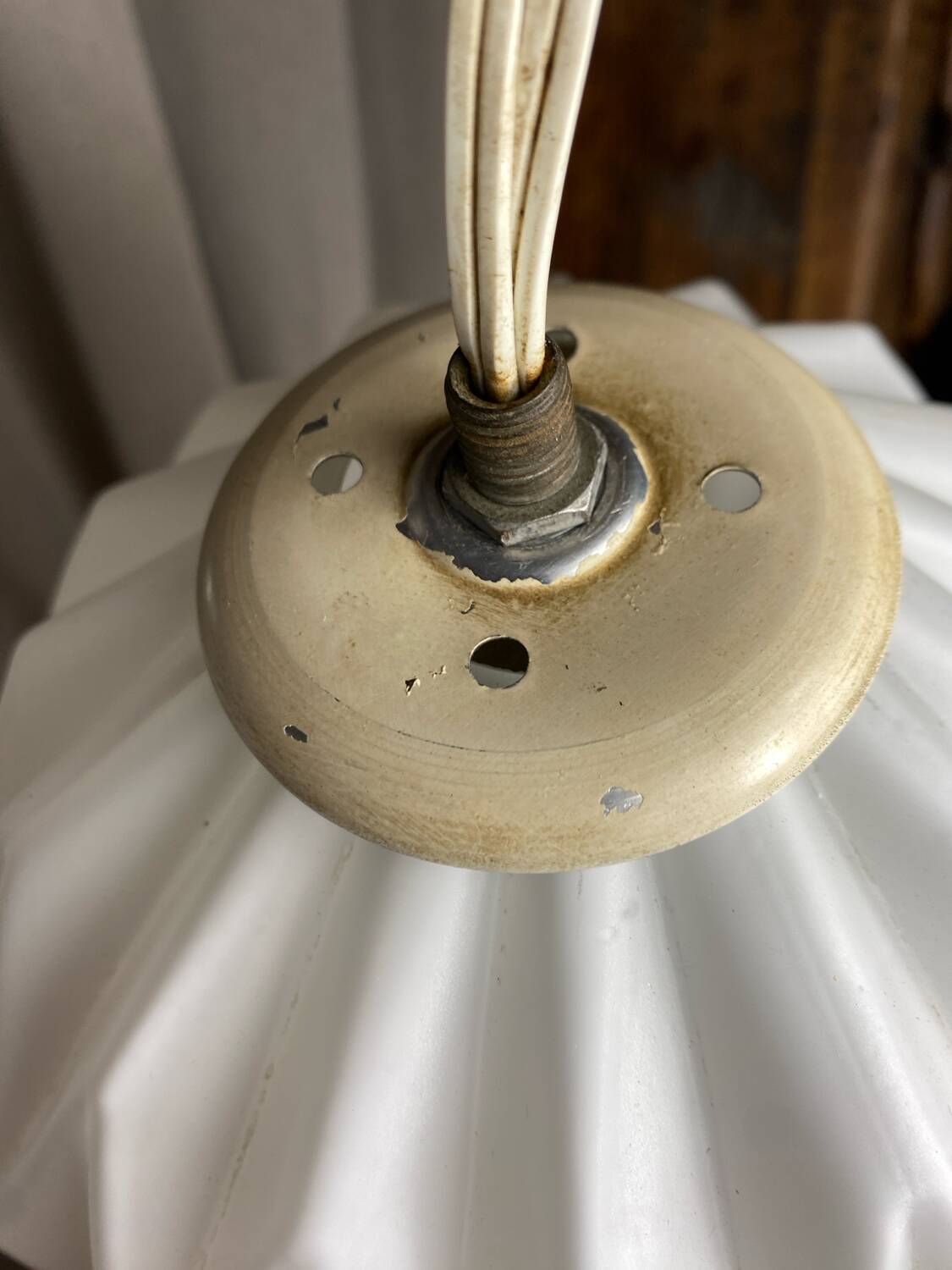 Designer pendant light with geometric opaline glass globe, mid-20th century