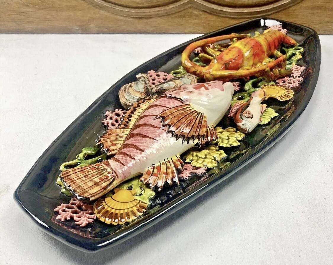 Large Vallauris slip dish 57x25 cm lobster fish