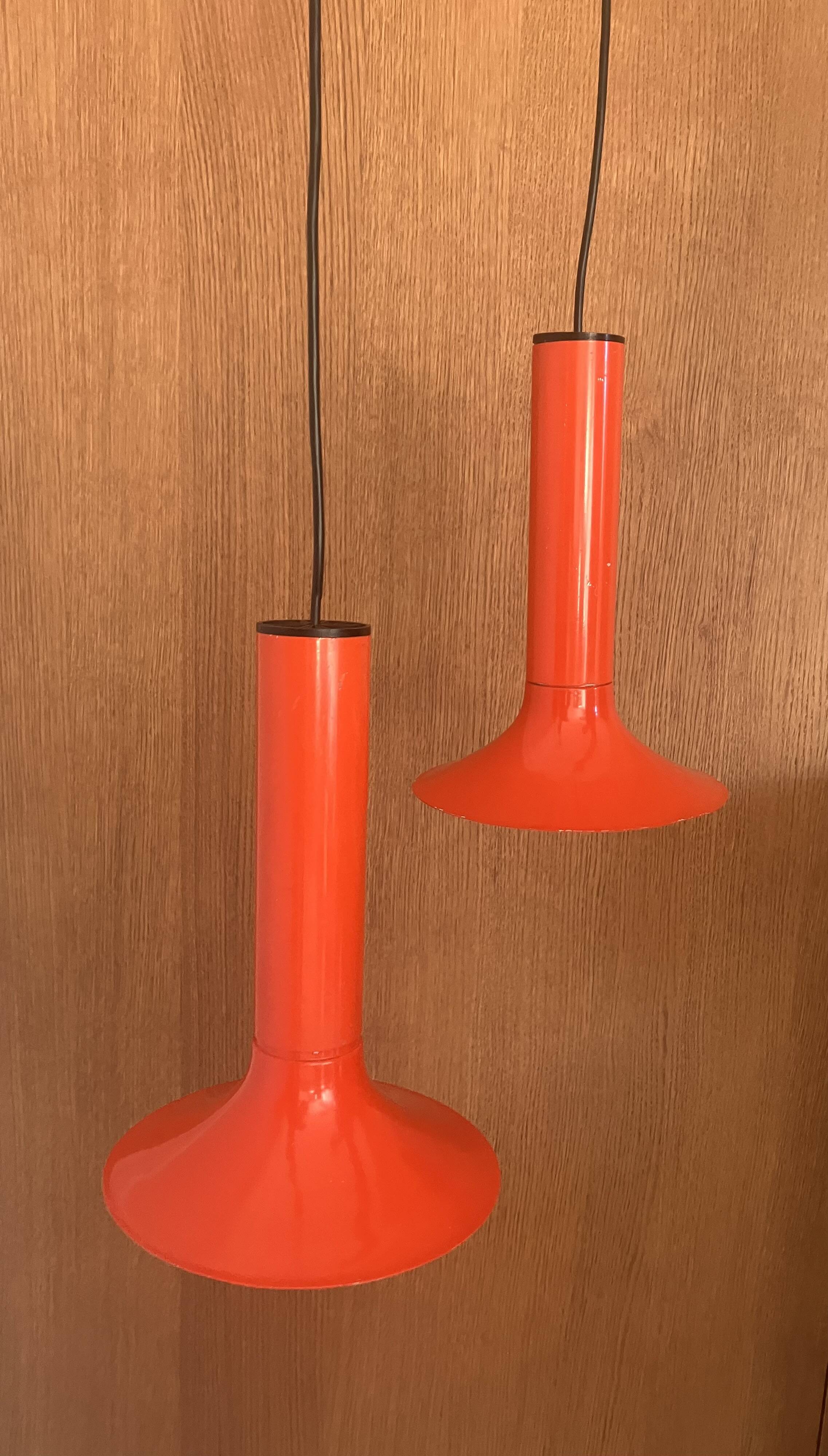 Pair of Lita metal orange pendant lights from the 70s Space Age.