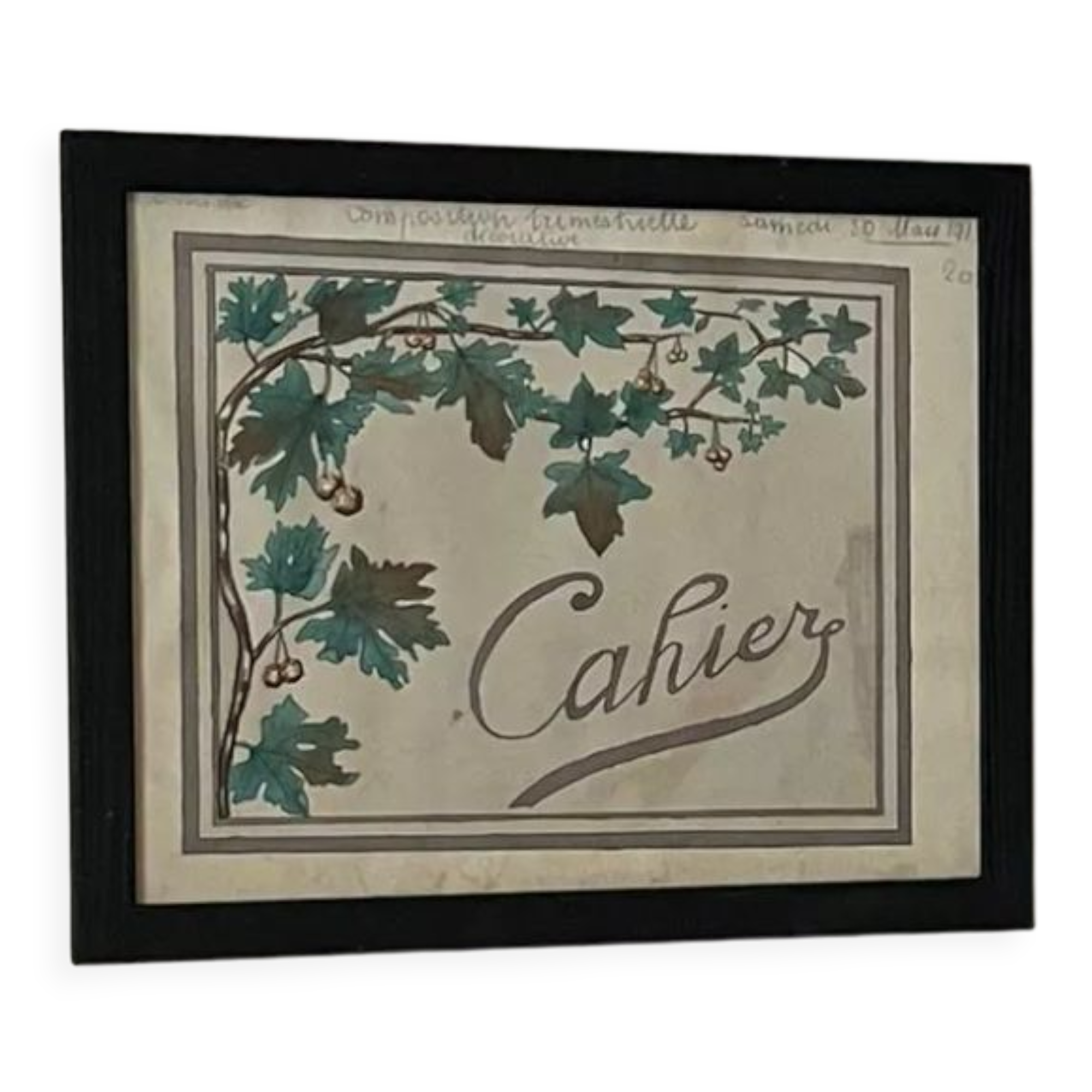 Watercolor decorated with leaves made by Renée Billette in 1912