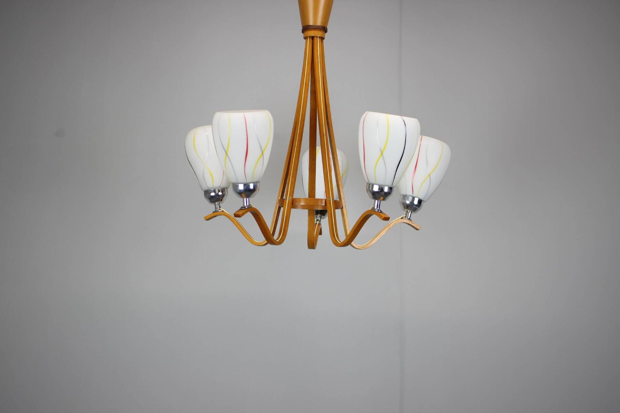Mid-century wooden chandelier with glass shades, Czechoslovakia, 1970s.