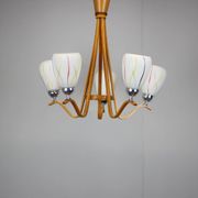 Mid-century wooden chandelier with glass shades, Czechoslovakia, 1970s.