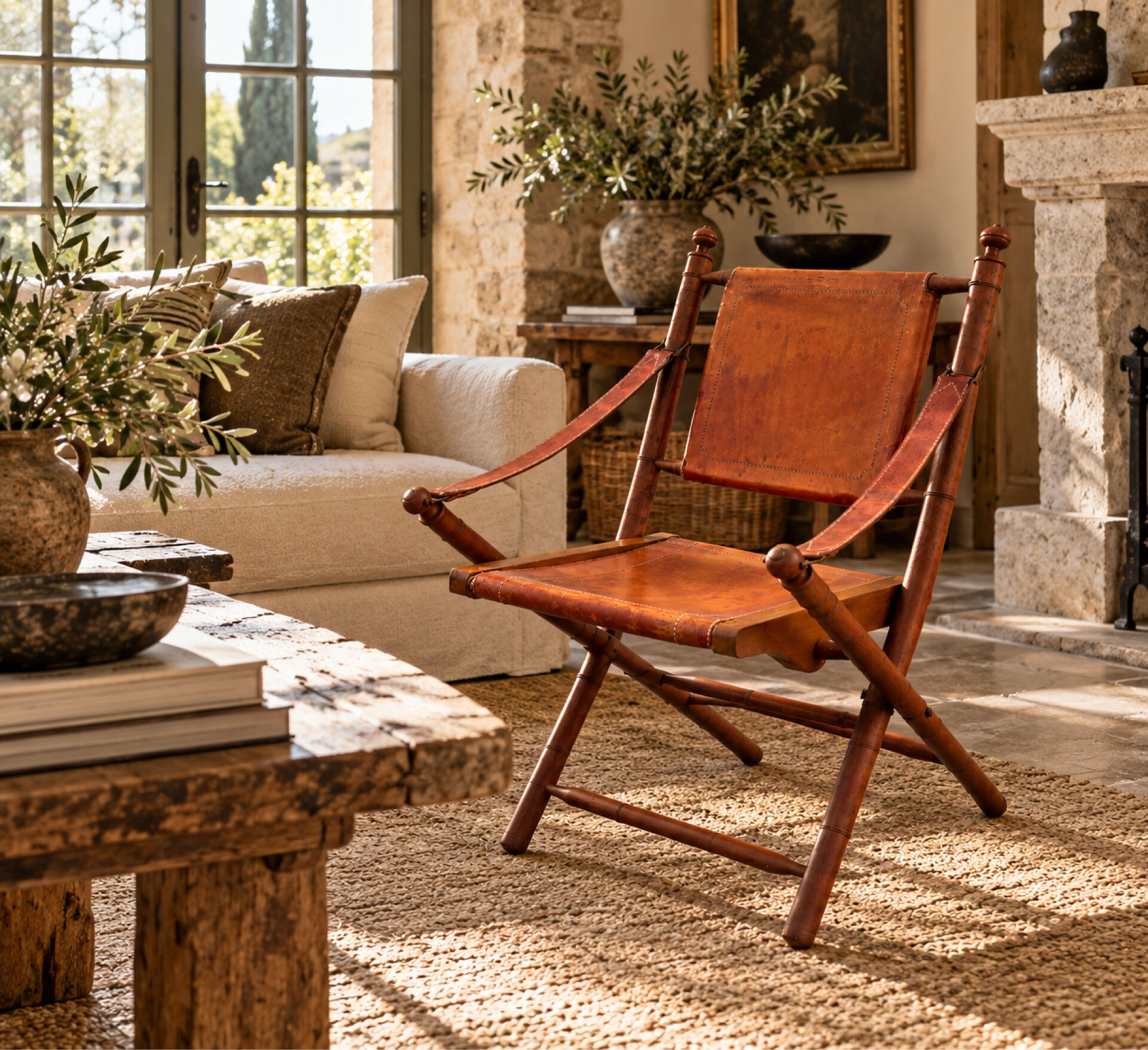 Vintage Safari Armchair in Cognac Leather and Turned Wood – 1940s/50s