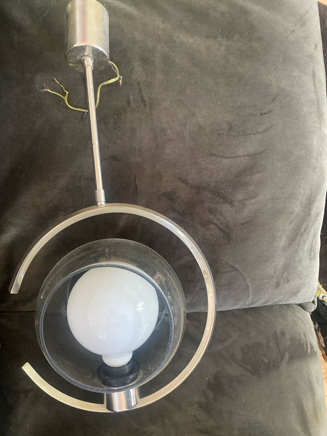 Modernist suspension 1970. Chrome and smoked globe.