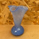Ancien Vase Verre Soufflé Bleu Moucheté Blanc Col Corolle Vintage