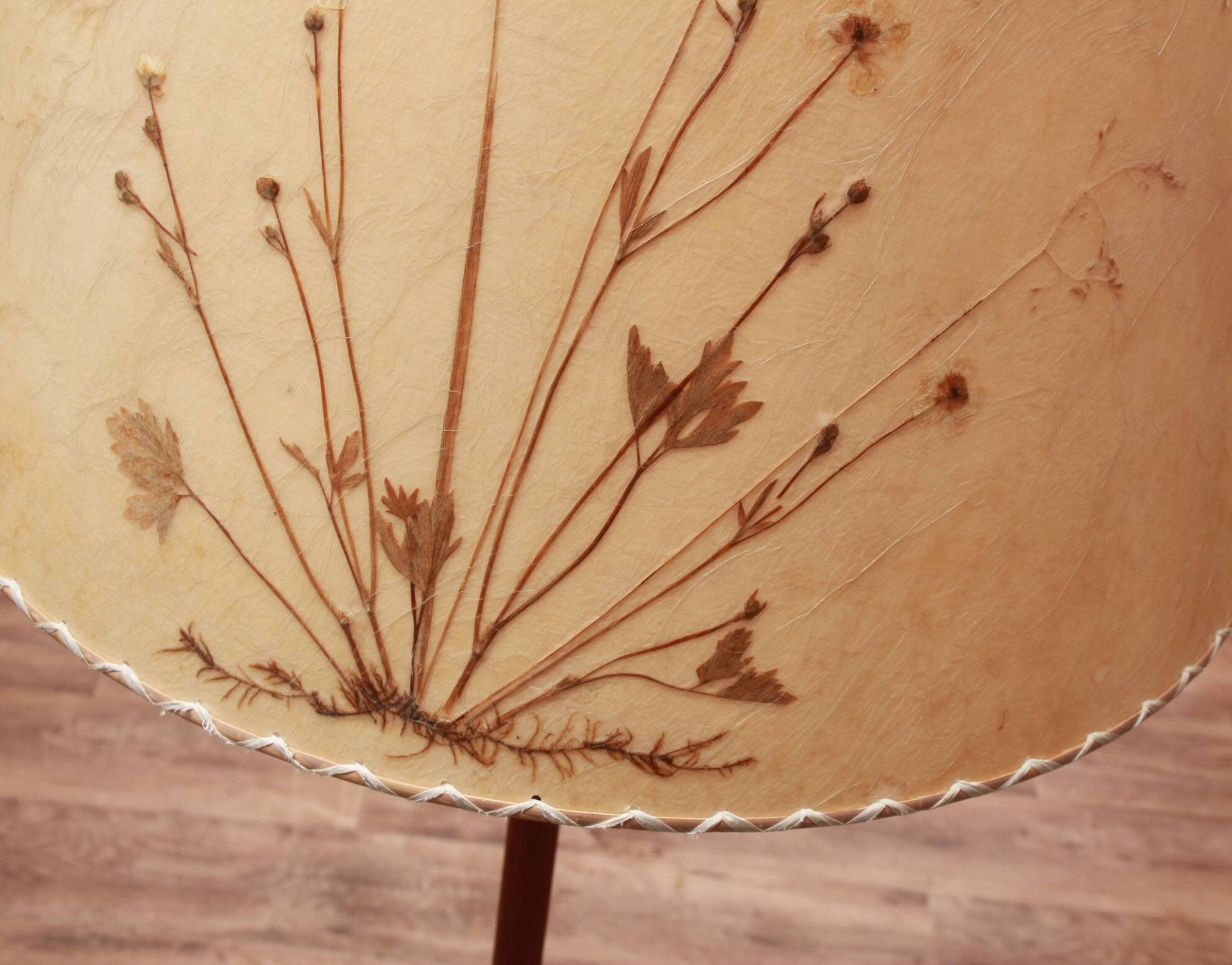 1950s floor lamp in brass and teak/shade with floral motif