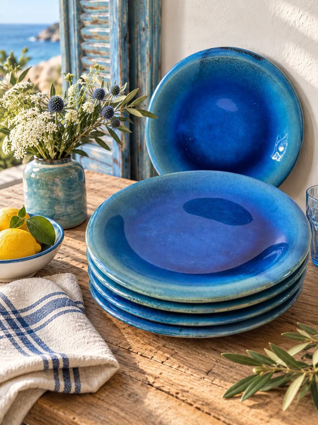 6 grandes assiettes plates en grès bleu cobalt et turquoise